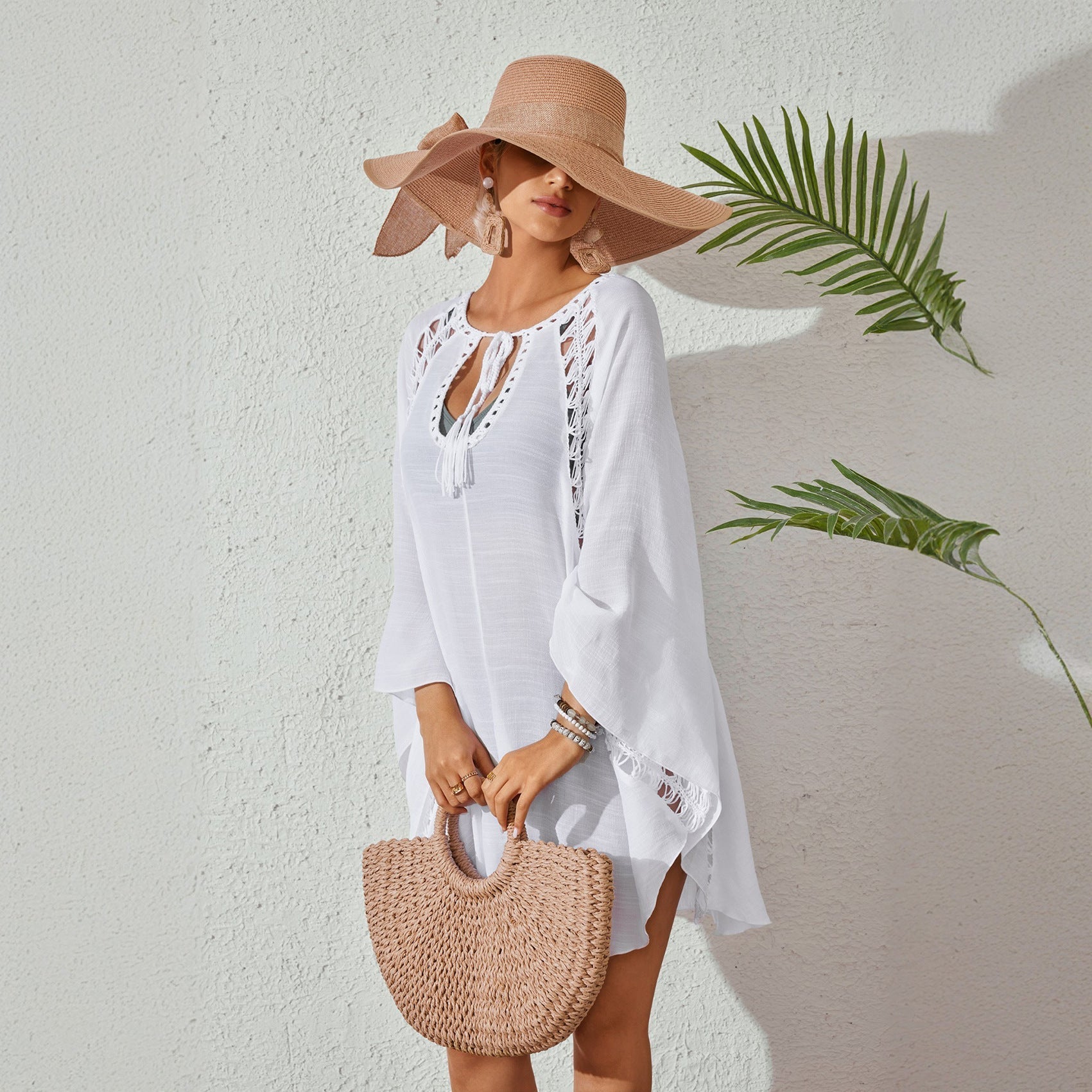 Women Bow Tie Pullover Bikini Swimsuit Blouse Solid Color Loose Sun Proof Clothes Bella Mia