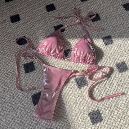 Sexy Glossy Pearl T Shaped Bikini Swimwear Swimsuit Bikini