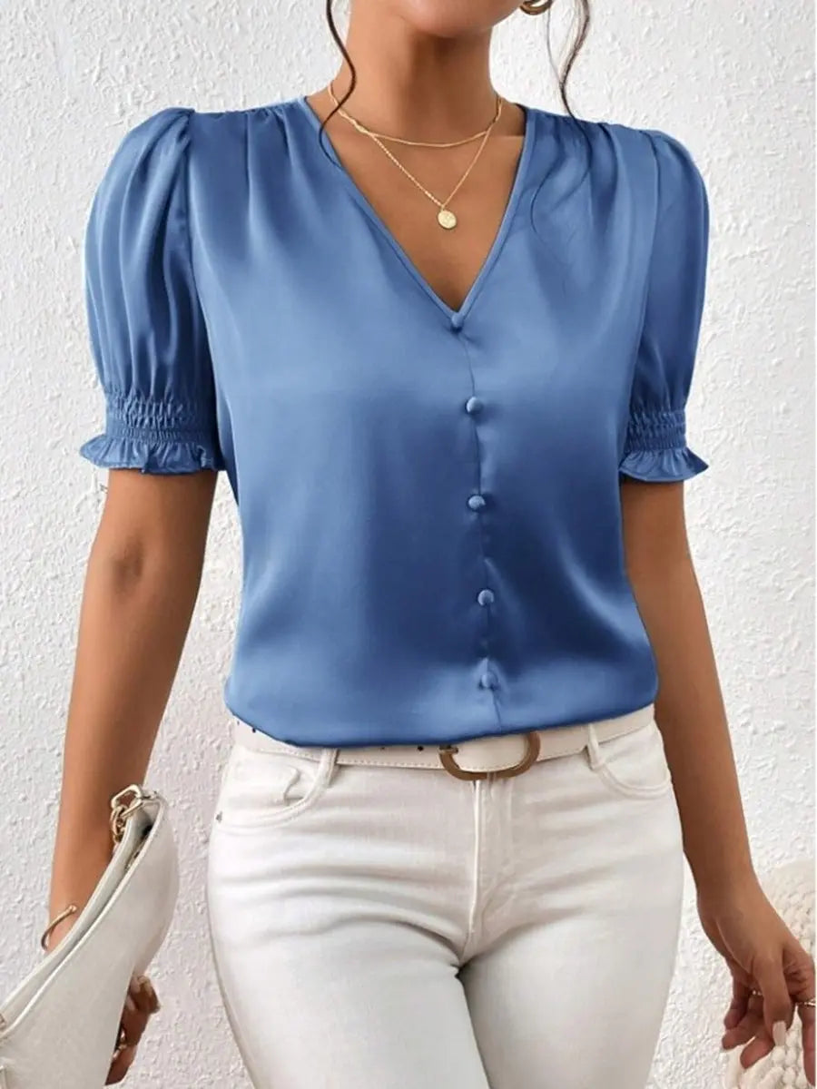Satin V neck Buttons Shirt Spring Autumn French Casual Short Sleeve Ruffle Blouse Bella Mia