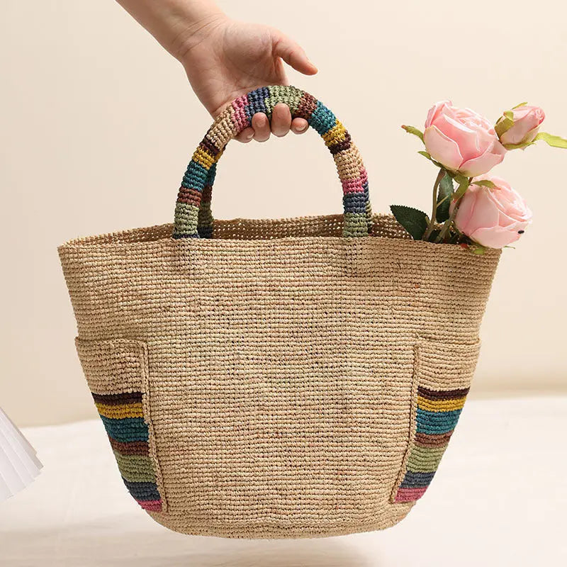 High Grade Raffia Portable Straw Weaved Bag Color Outer Pocket Straw Bag Woven Bag Women Seaside Vacation Beach Bag Bella Mia