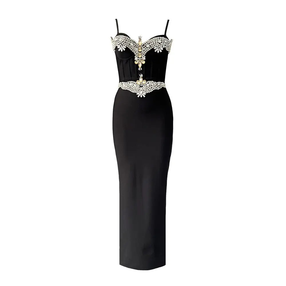 Diamond Strap Bandage Maxi Dress With Boning And Rhinestones V Neck Bella Mia