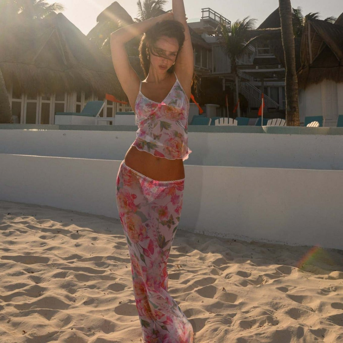 Floral Gauzy Beach Dress with Suspenders Split Sexy Bow Lace Skirt Set Bella Mia