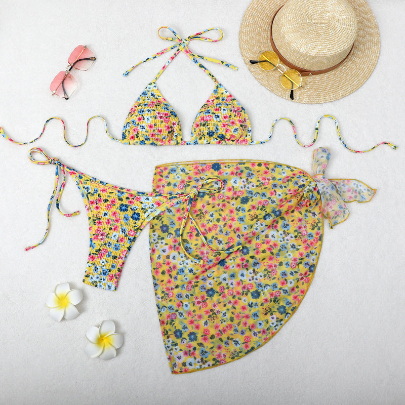 Printed Bikini Three Piece Gauze Skirt Split Sexy Vacation Bikini Swimsuit Bella Mia