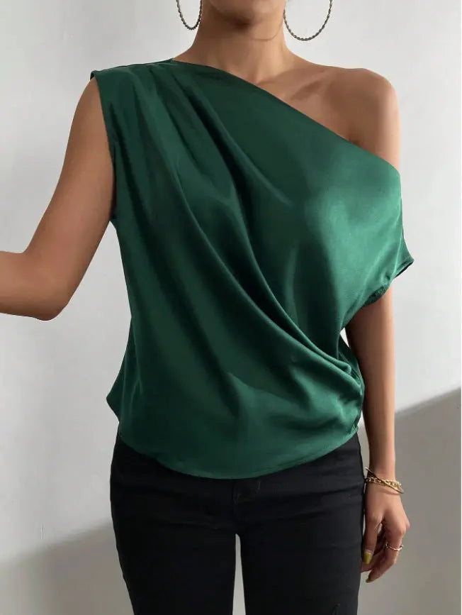 Spring Solid Color Satin Artificial Silk Irregular Asymmetric Shoulder off Shoulder Pullover Sleeveless Shirt Women Clothing Bella Mia
