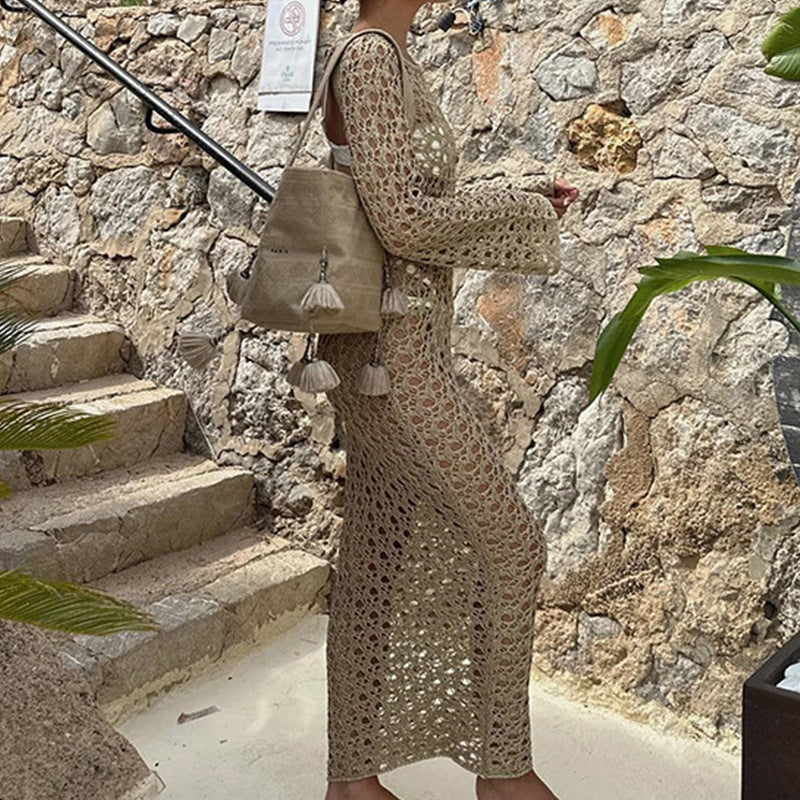 Women Clothes Sexy Hollow Out Cutout Long Sleeved round Neck Maxi Dress Holiday Beach Overskirt Crochet hook Bella Mia
