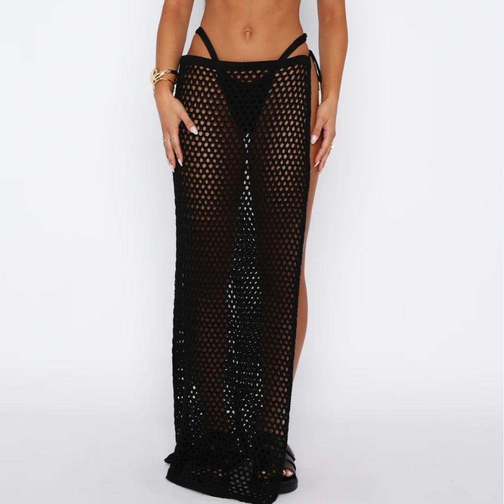 Women Clothing Beach Sun Protection Hollow Out See through High Slit Sexy Side Strap Knitted Skirt Bella Mia