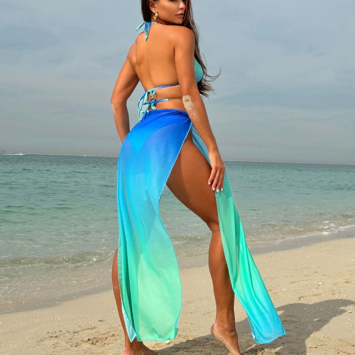 Gradient Mesh Maxi Dress Drawstring Banded Bikini Bikini Three Piece Swimsuit Bella Mia