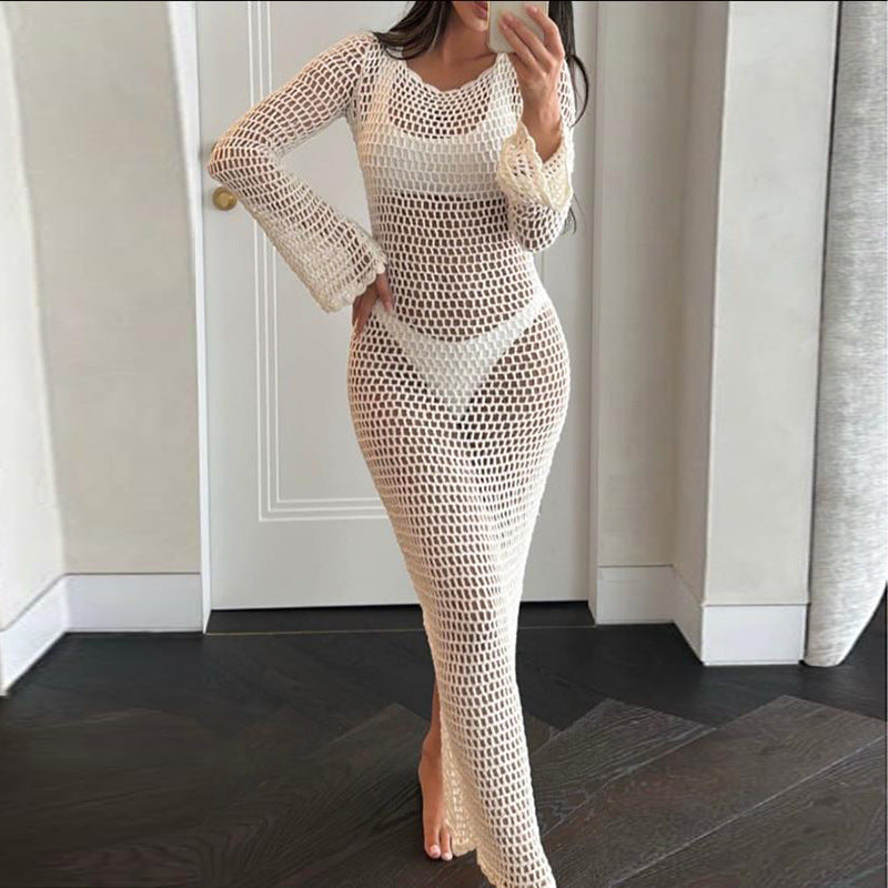 Women Clothing Summer Sun Protective Blouse Knitted Hollow Out Cutout out Beach Dress Sexy Backless Dress Beach Cover Up Bella Mia