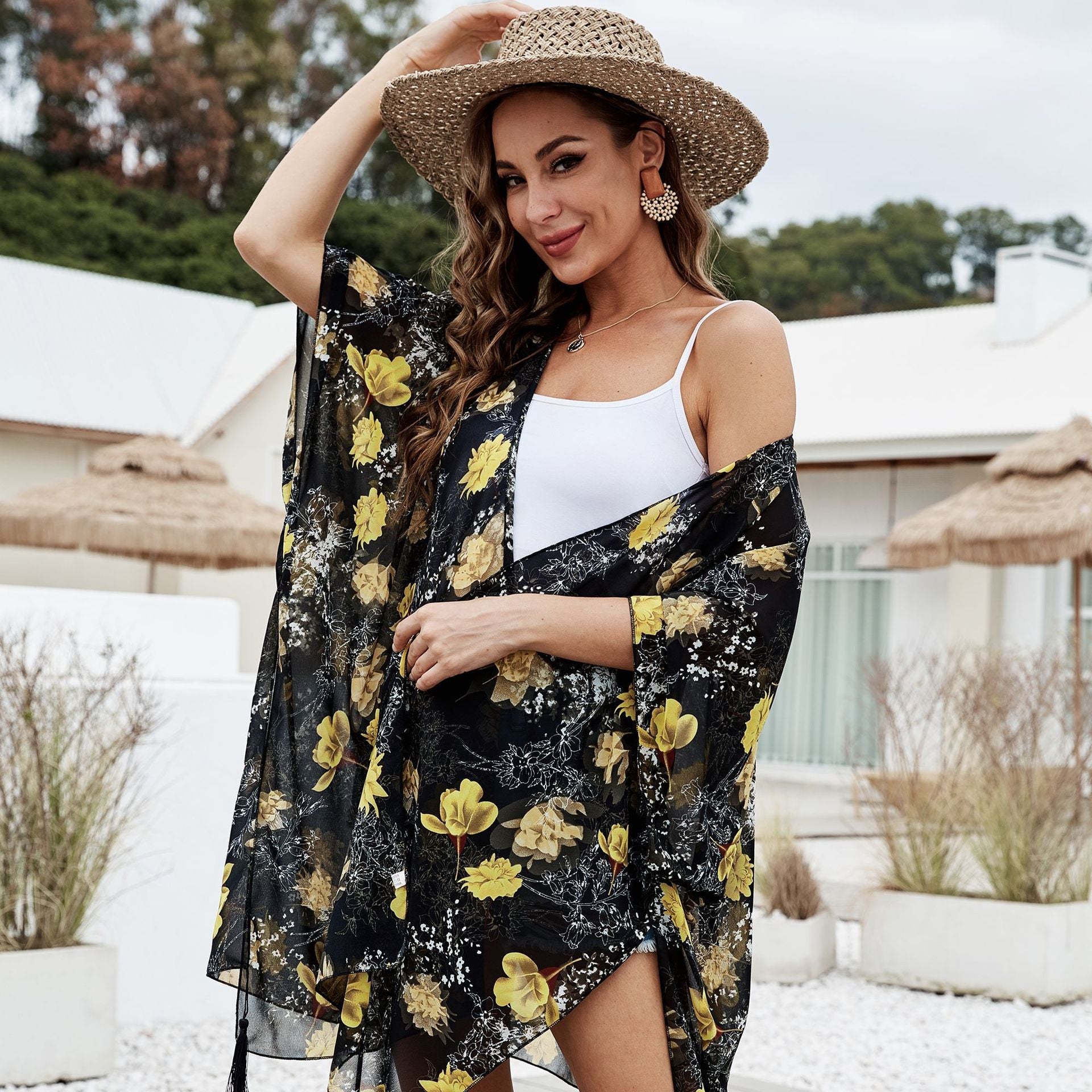 Summer Colorful Floral Print Tassel Sunshade Casual Sun Proof Sun Protection Clothing Mid Length Blouse Bella Mia