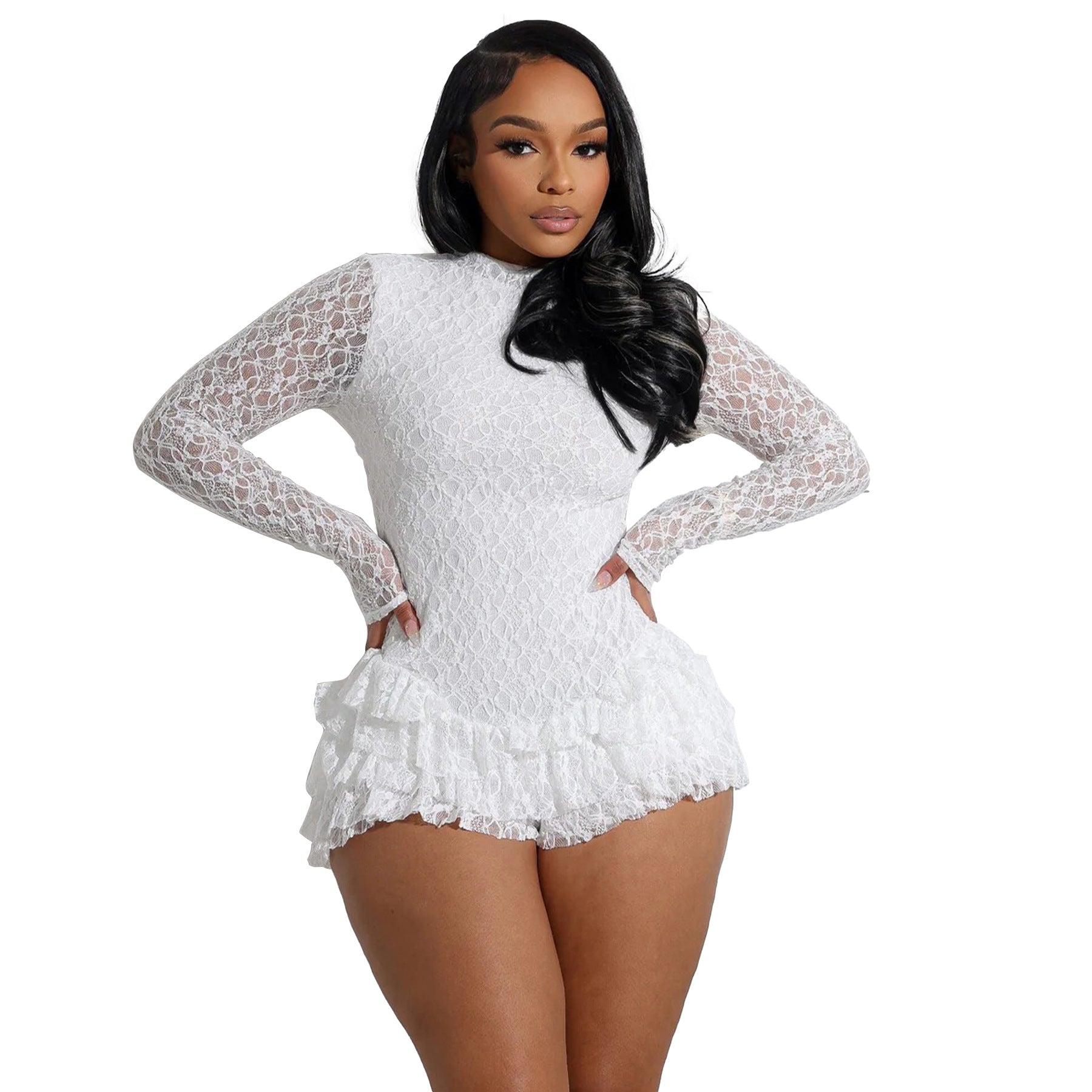 Women Clothing Sexy Lace Long Sleeve Shorts Wooden Ear Backless Jumpsuit Bella Mia