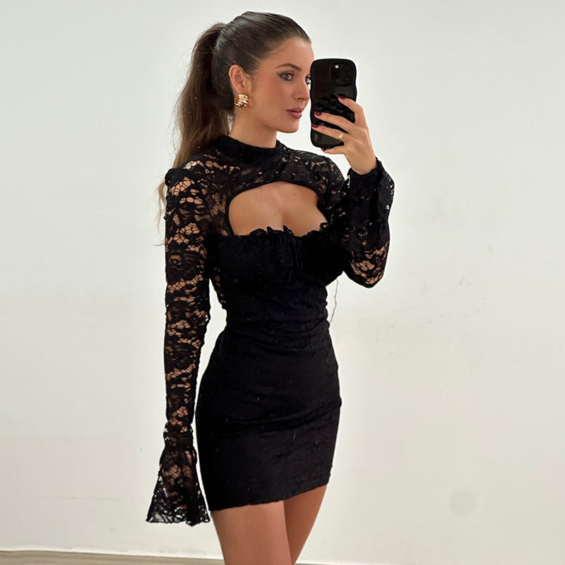 Women Clothing Lace Stitching Chest Hollow Out Cutout Flared Sleeve Waist Hip dress Bella Mia