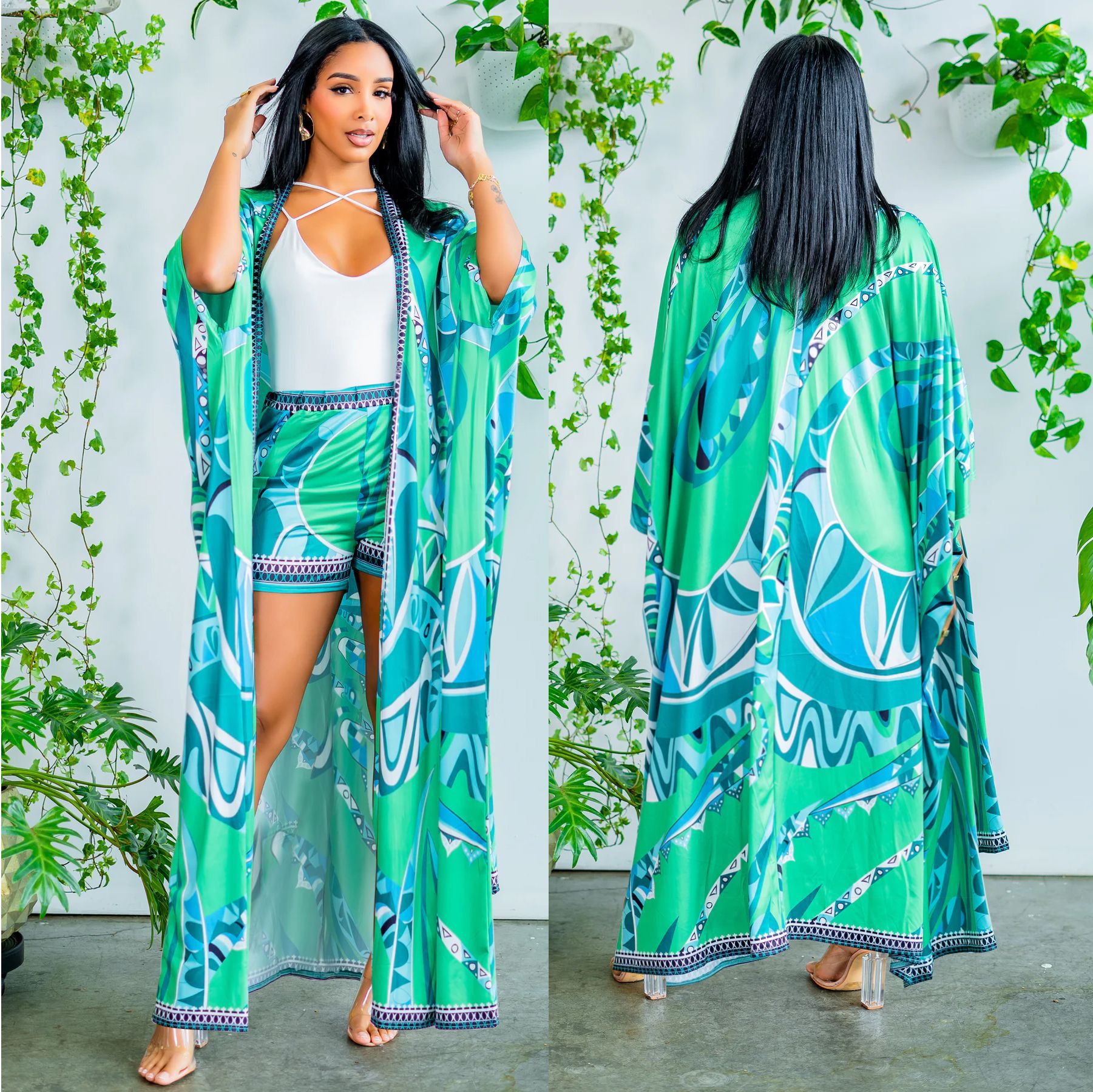 Chiffon Printed Blouse Shorts Suit Sun Protection One Sleeve Cardigan Beach Two Piece Set Women Bella Mia