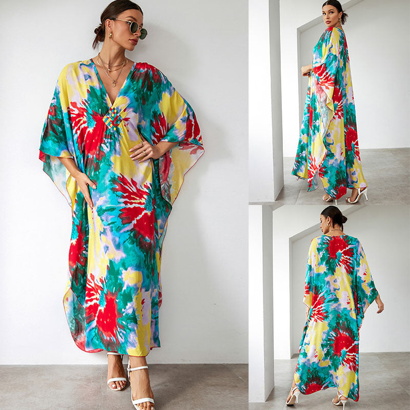 Rayon Print Holiday Loose Robe Beach Jacket Maxi Dress Bikini Cover Bella Mia