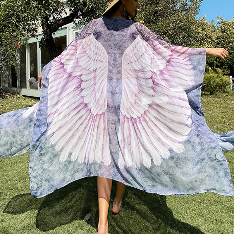 Beach Cover Up Wings Printing Wing Loose Long Long Sleeve Knitted Cardigan Sunscreen Beach Cover Up Bella Mia