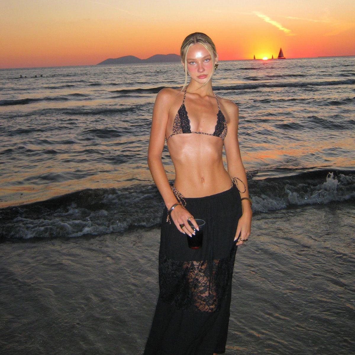 Three Point Leopard Print Lace Lace up Sexy Halter Bikini Skirt Three Piece Set Bella Mia