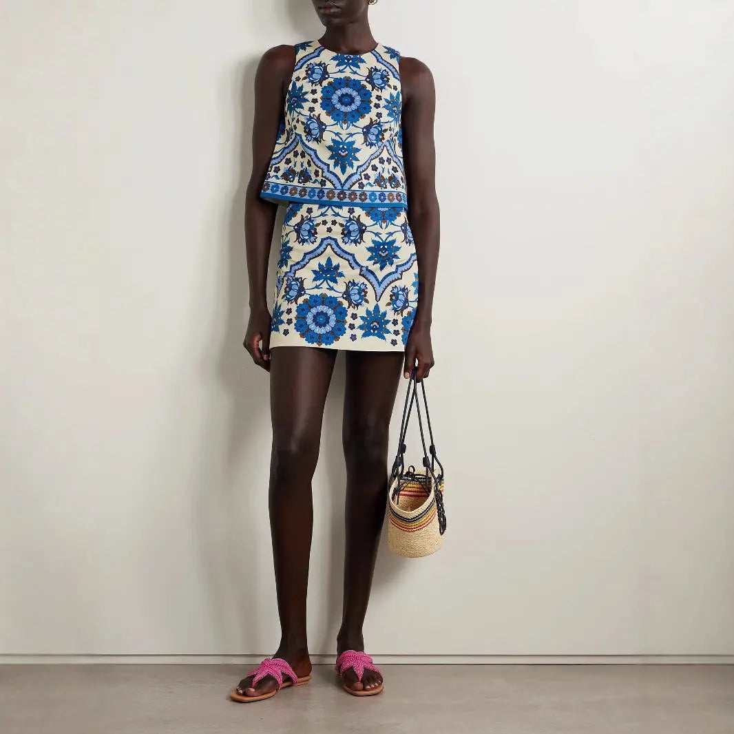 Summer Slim Blue Printed Crew Neck Top Short Skirt Two Piece Sets Bella Mia