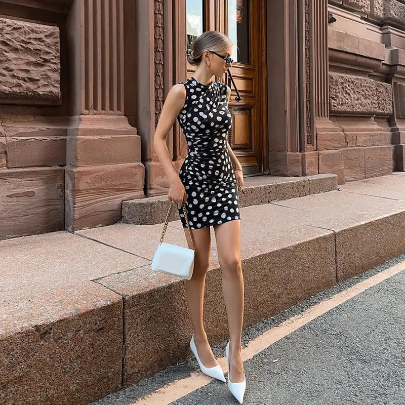 Women Half Turtleneck Sleeveless Mesh Polka Dot Print Faux Two Piece Skinny Slimming Sheath Dress Bella Mia