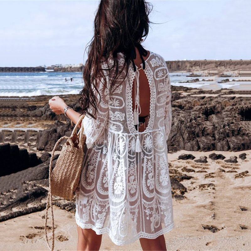 Lace Embroidered Beach Cover-up Seaside Sun Protection Clothing Sexy Halter Bikini Swimsuit Blouse Bella Mia