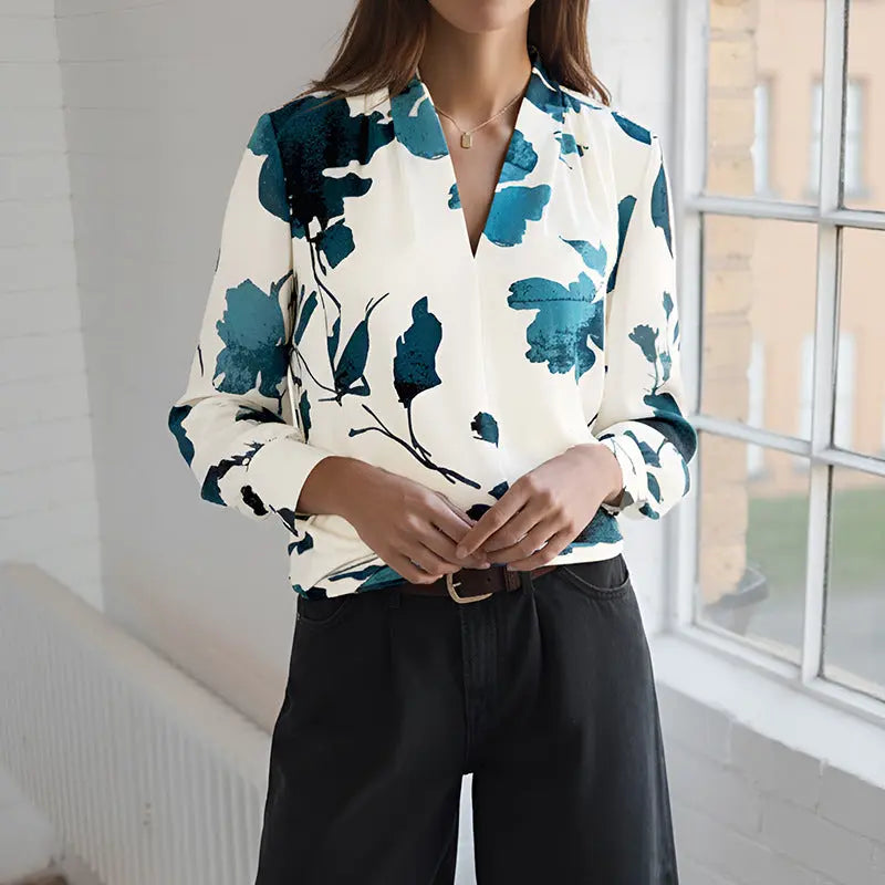 Floral Print Long Sleeve Blouse With V Neck White And Blue Bella Mia