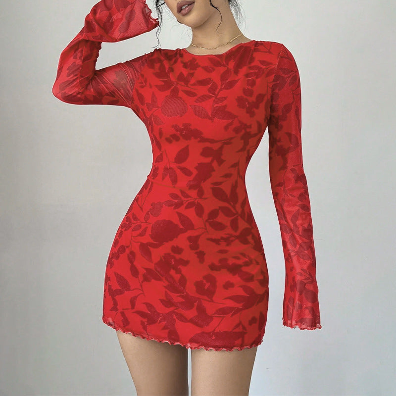 Autumn round Neck Long Sleeve Sexy Leopard Print Lace up Backless Short Dress Bella Mia