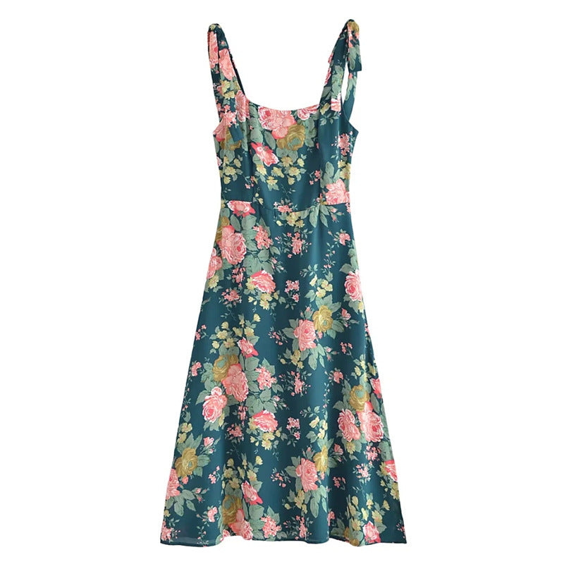 Side Slit Sexy Lace up Strap Dress Autumn Winter High Waist Slimming Broken Floral Decorations A line Dress Bella Mia