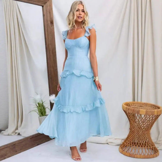 Summer Women Clothing Solid Color Elegant Graceful Ruffled Dress Bella Mia