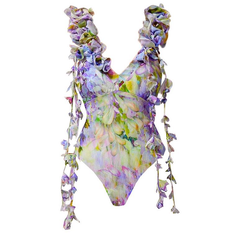 3D Floral Decorative Printed Tassel One Piece Swimsuit Women Clothes Bella Mia