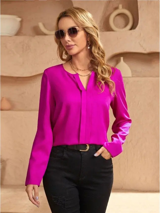 Elegant Satin Blouse For Women Spring Fall Loose Fit V Neck Long Sleeve Bella Mia