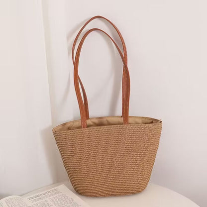 Striped Shoulder Straw Bag Woven Bag Summer Large Capacity Casual All Match Women Seaside Beach Rattan Woven Bag