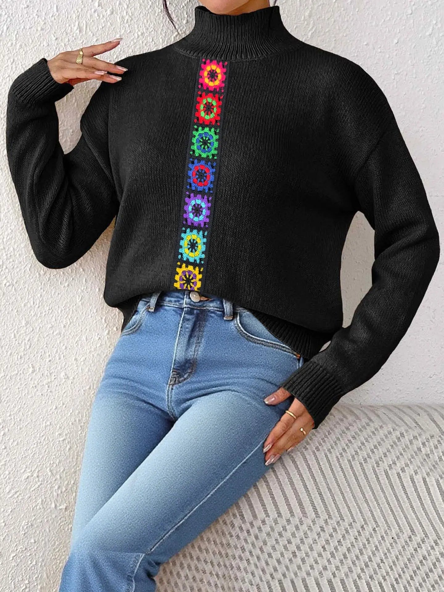 Women Clothing Personality Color Random Imitation Hand Crocheted Stitching Woven Top Pullover Sweater Bella Mia