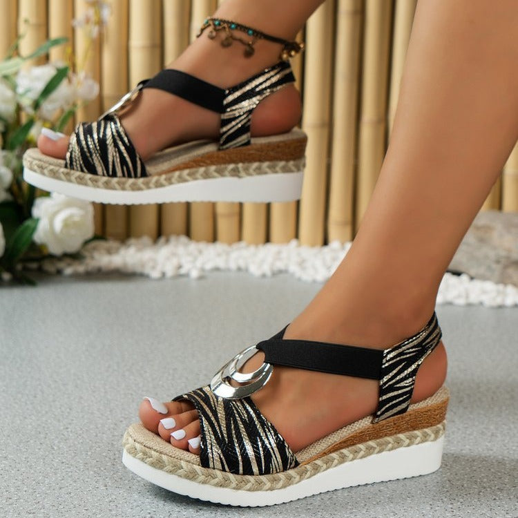 plus Size Metal Buckle Wedge Sandals Women Hemp Rope Elastic Band Platform Beach Slippers Bella Mia