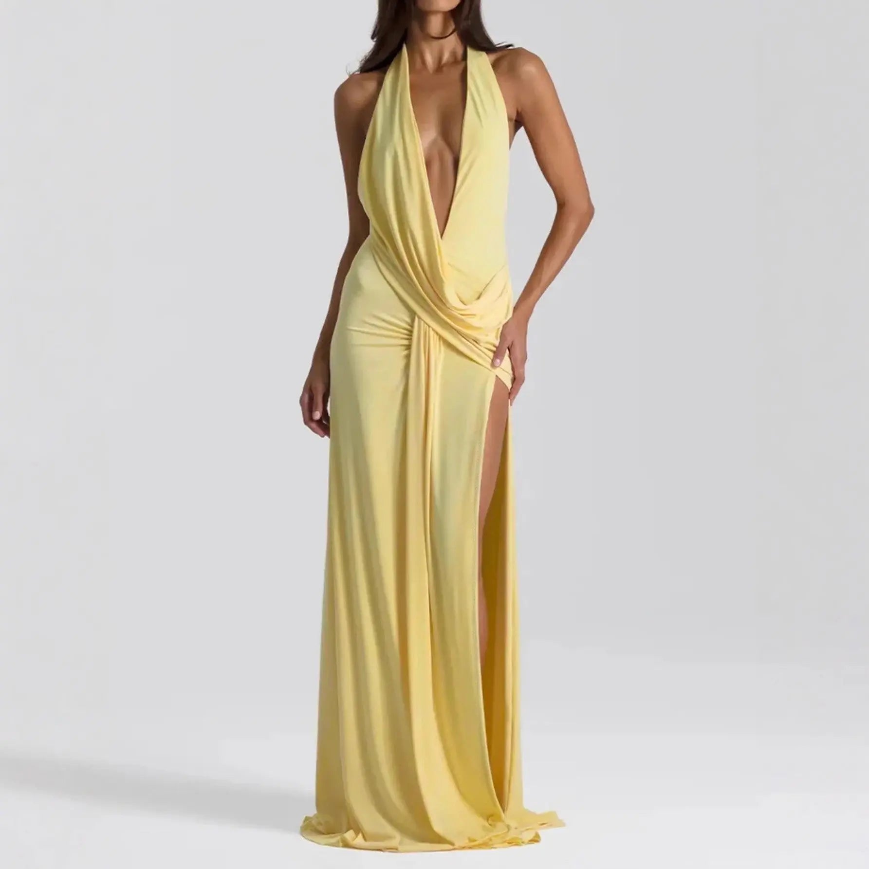 Women Deep V Plunge neck Lace up Backless Sexy Streamers Dress Sexy Maxi Dress Bella Mia