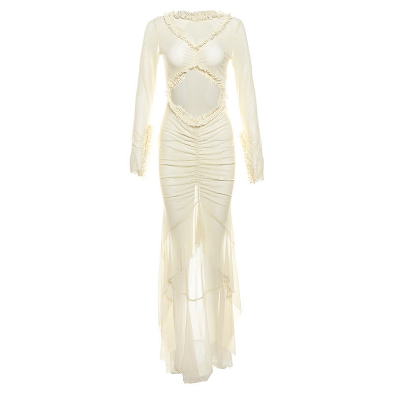 Summer Women Collection V neck See through Sexy L Hollow Out Cutout out Pleated Lace Slim Fit Dress Bella Mia