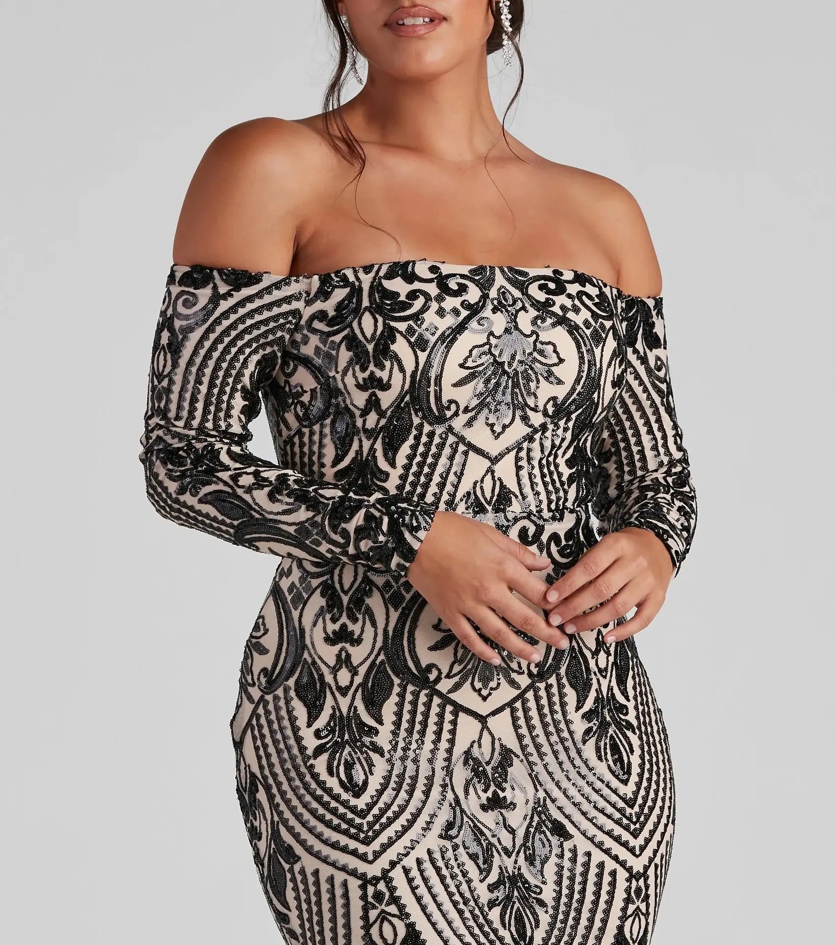 Sequin Off Shoulder Long Sleeve Maxi Dress For Women Formal Evening Cocktail Bella Mia