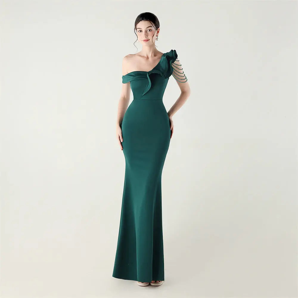 Ruffled One Shoulder Beaded Satin Fishtail Maxi Evening Dress Bella Mia