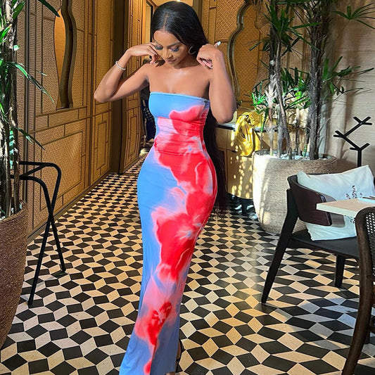 Women Clothing Printing Dress Sexy off the Shoulder Sleeveless One Step Dress Bella Mia
