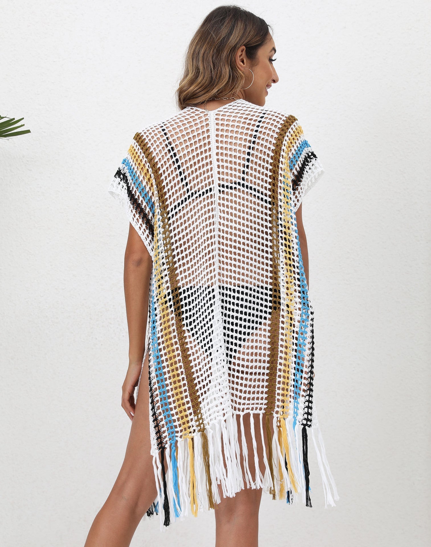 Beach Cover up Women Clothing Loose Woven Shirt Color Contrast Patchwork Tassel Beach Cover Up Cardigan Bella Mia