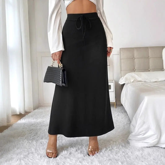 Women Clothing Popular Satin Satin Skirt Spring Autumn High Waist Lace up Long Skirt Bella Mia