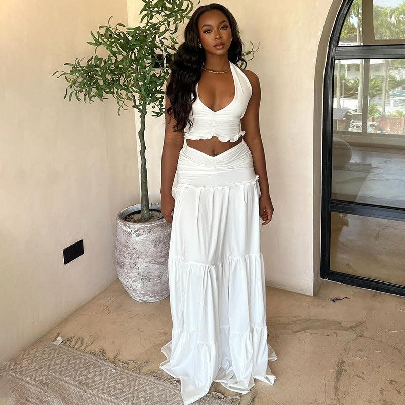 Women Clothing Summer Lace Halterneck Vest Pleated Skirt Two Piece Set for Women Bella Mia
