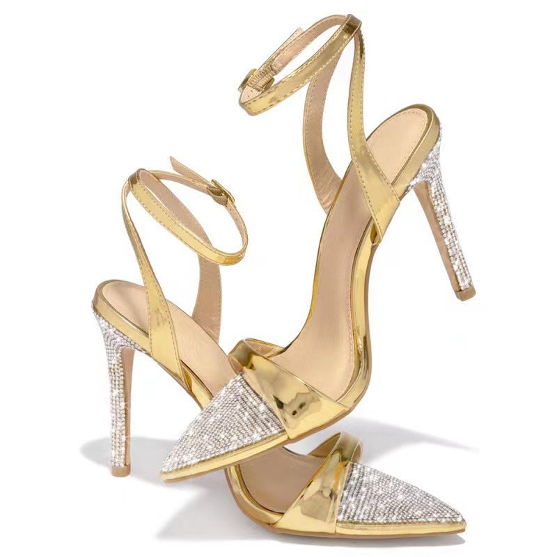 Buckle Rhinestone Stiletto Peep Toe High Heeled Sandals Women Hollow Out Cutout Pointed Toe Open Toe Sandals Bella Mia