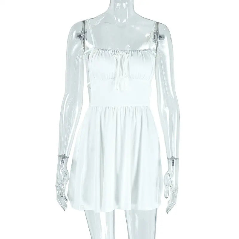 Simple Women Pleated Solid Color A line Dress Backless Lace up Boat Neck Short Dress Bella Mia