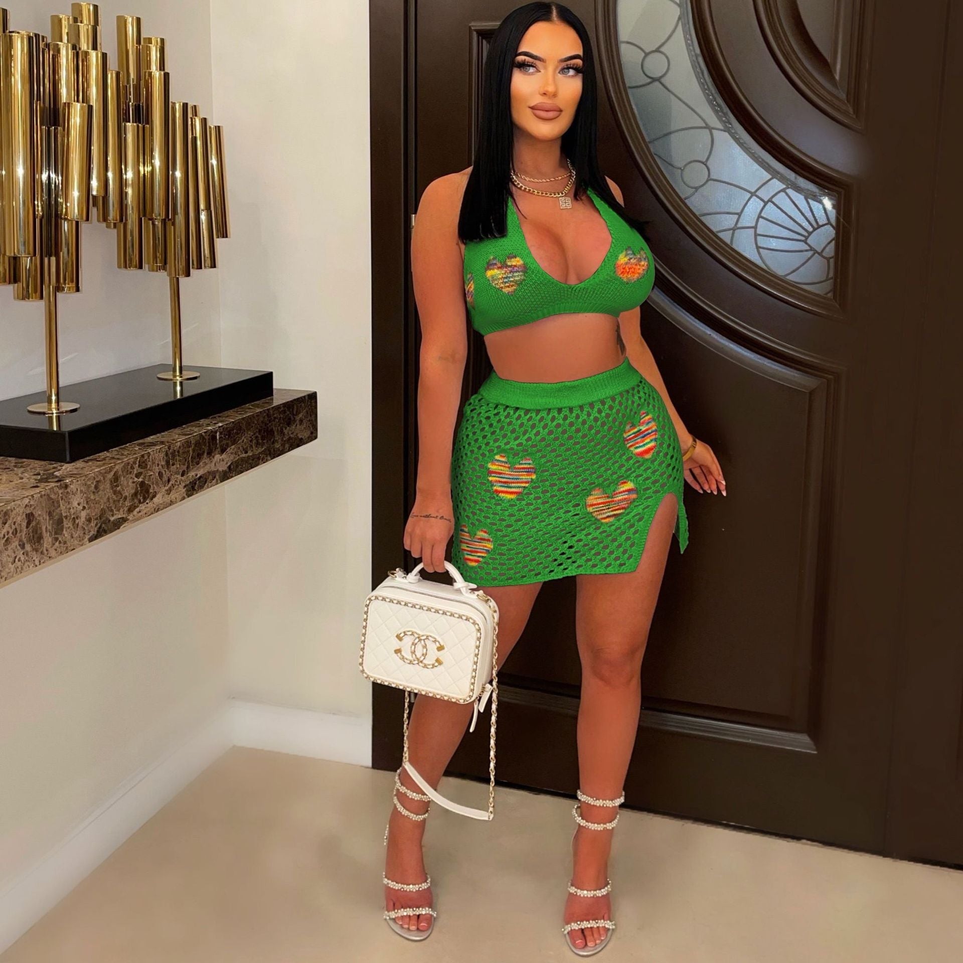 Women Clothing Sexy Love Jacquard Hollow Out Cutout Knitted Beach Skirt Set Bella Mia