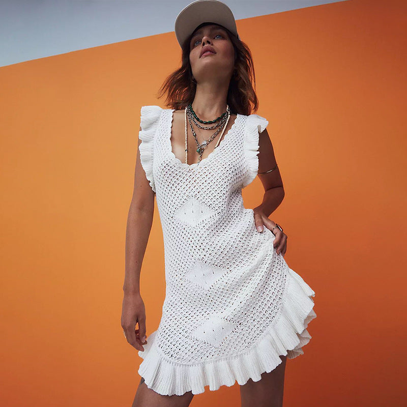 Summer Beach Dress Women Solid Color Sexy Knitted Hollow Out Cutout Bikini Swimsuit Blouse Sun Protective Clothing Crochet hook Bella Mia