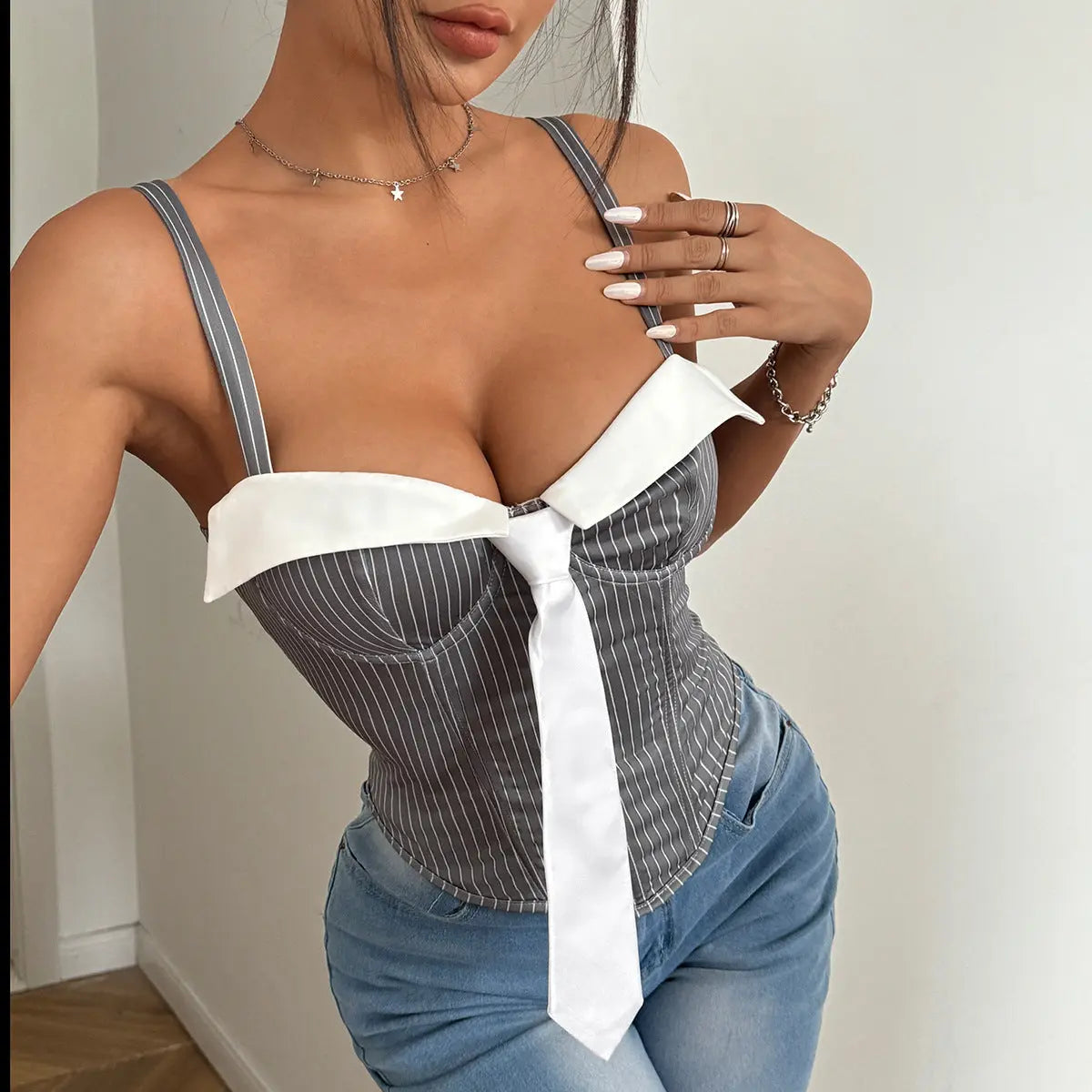 Sexy Women Low Cut Tie Stitching Contrast Color Boning Corset Top Wrapped Chest Sexy Vest Bella Mia