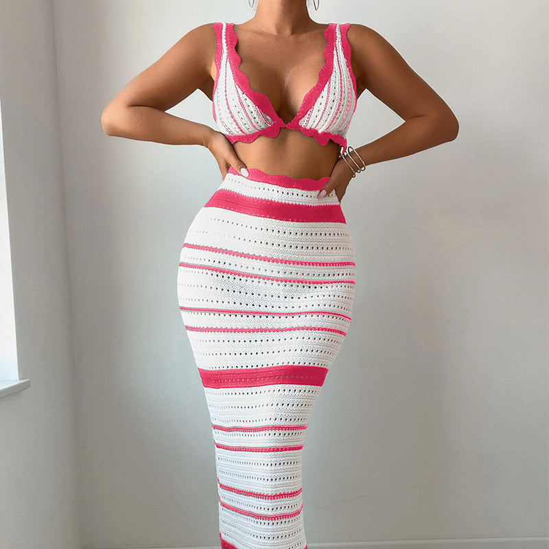 Women Striped Texture Vacation Casual Sexy Beach Bikini Skirt Two Piece Sets Bella Mia