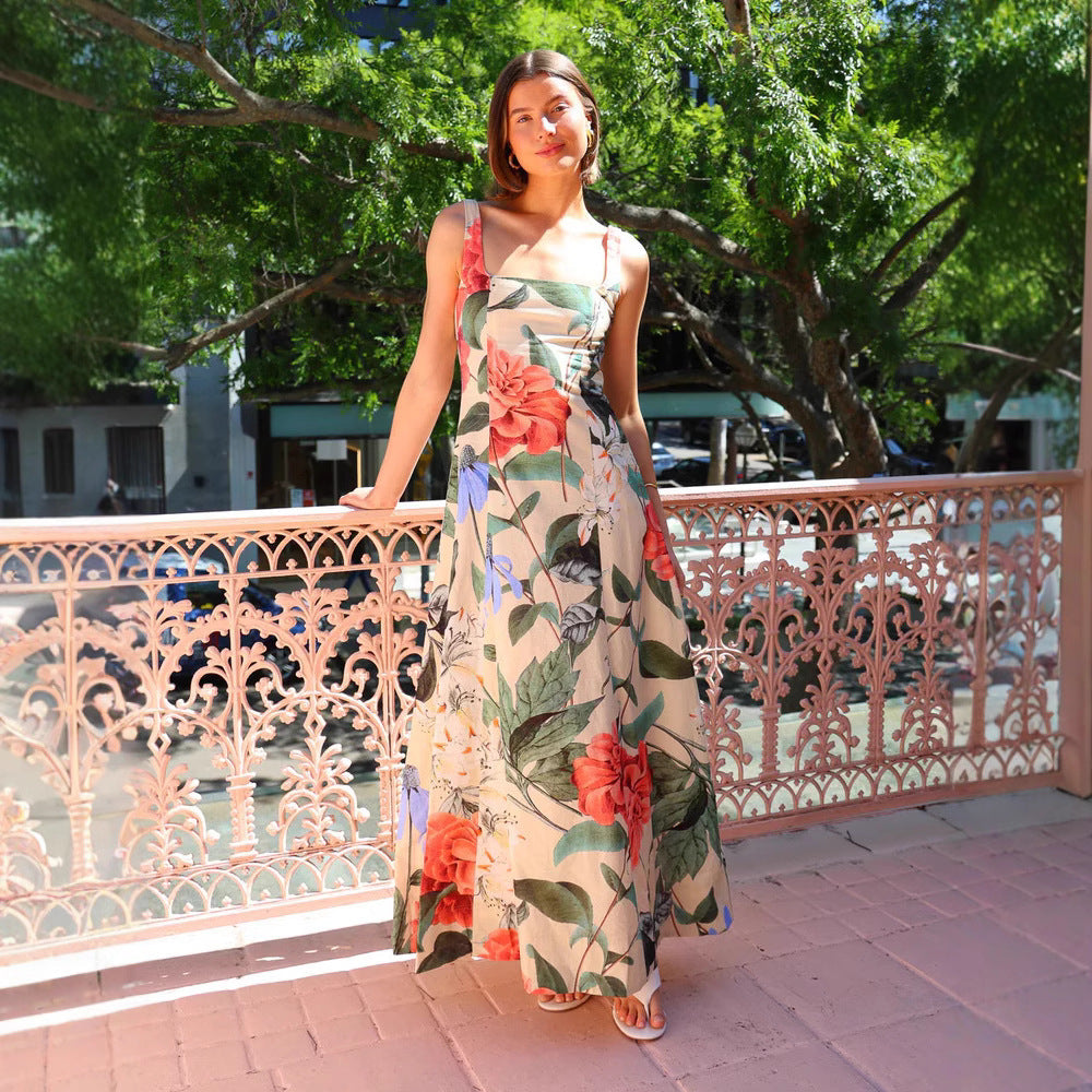Spring Summer Maxi Dress Same Printed Square Collar Slimming Large Swing Length Dress Bella Mia