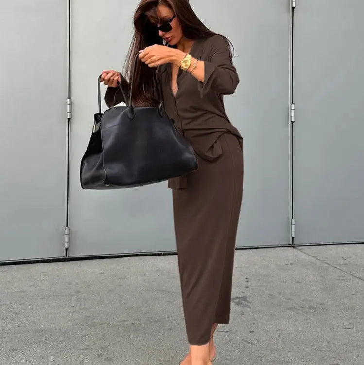 Women's Collared Flared Sleeve Cardigan Top Maxi Skirt Two Piece Set Bella Mia