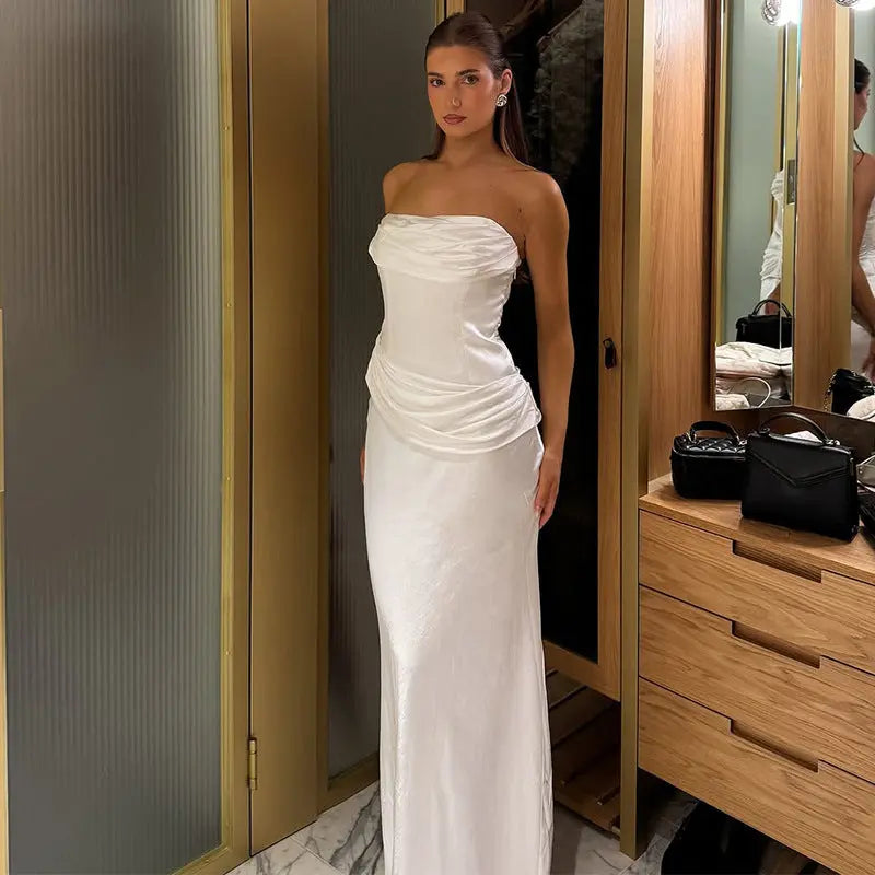 Summer Solid Color Satin Pleated Maxi Dress For Women Strapless Bella Mia