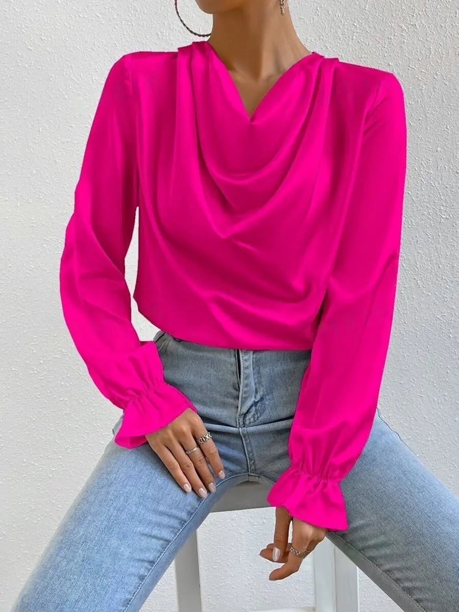 Elegant Panelled Long Sleeve Satin Shirt For Women With Cowl Neck Bella Mia