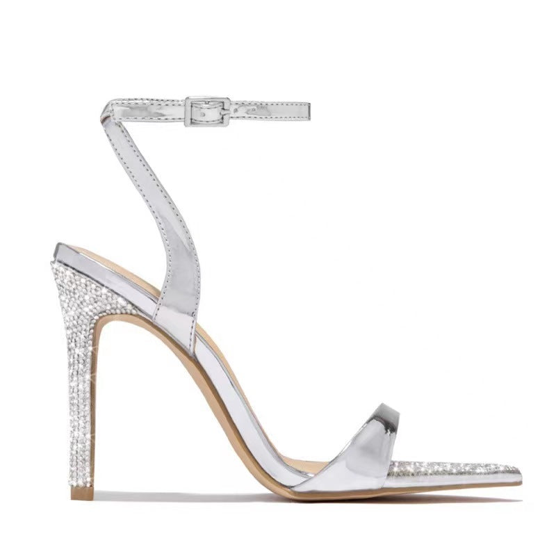 Buckle Rhinestone Stiletto Peep Toe High Heeled Sandals Women Hollow Out Cutout Pointed Toe Open Toe Sandals Bella Mia